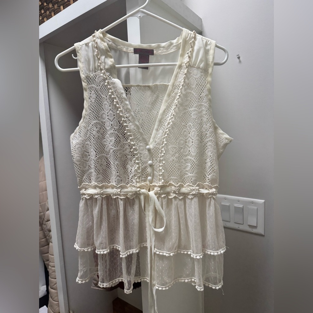Ultra Pink Cream Tiered Tie Front Blouse - Picture 2 of 4